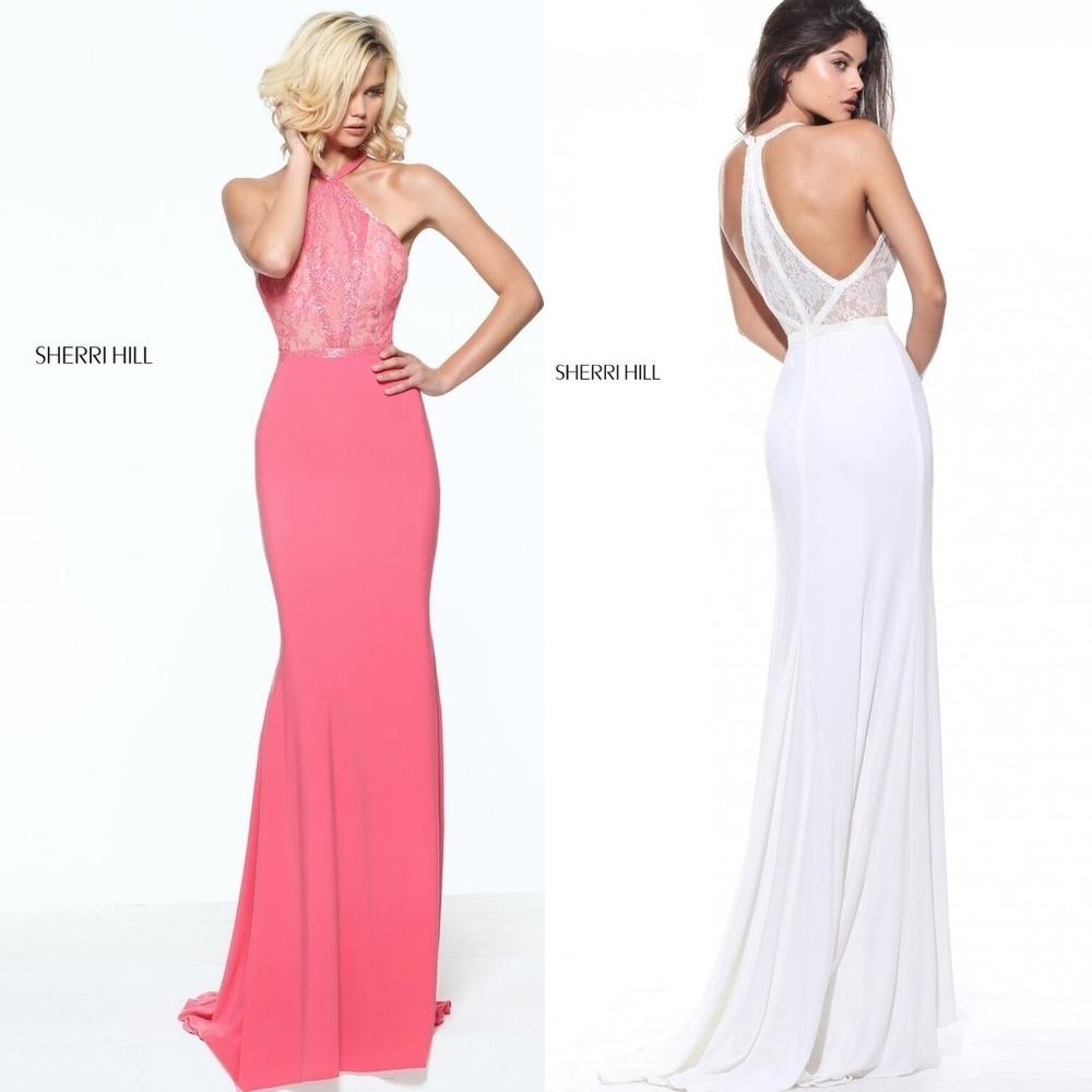 Sherri Hill 50998 Coral Pink Jersey Knit Lace Bodice T-back Maxi Train Dress 6